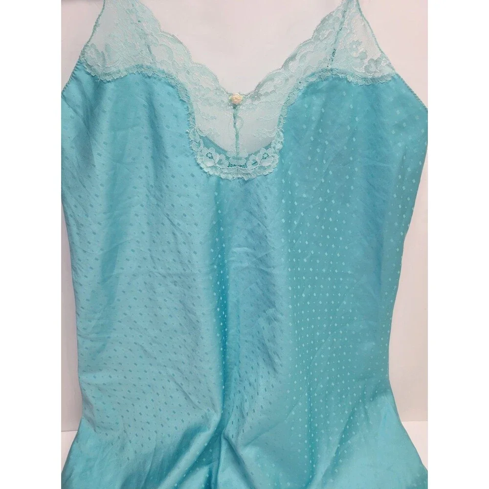 Vtg Victoria’s‎ Secret Gold Tag Teal Satin Slip babydoll Nightgown Lingerie Sz M